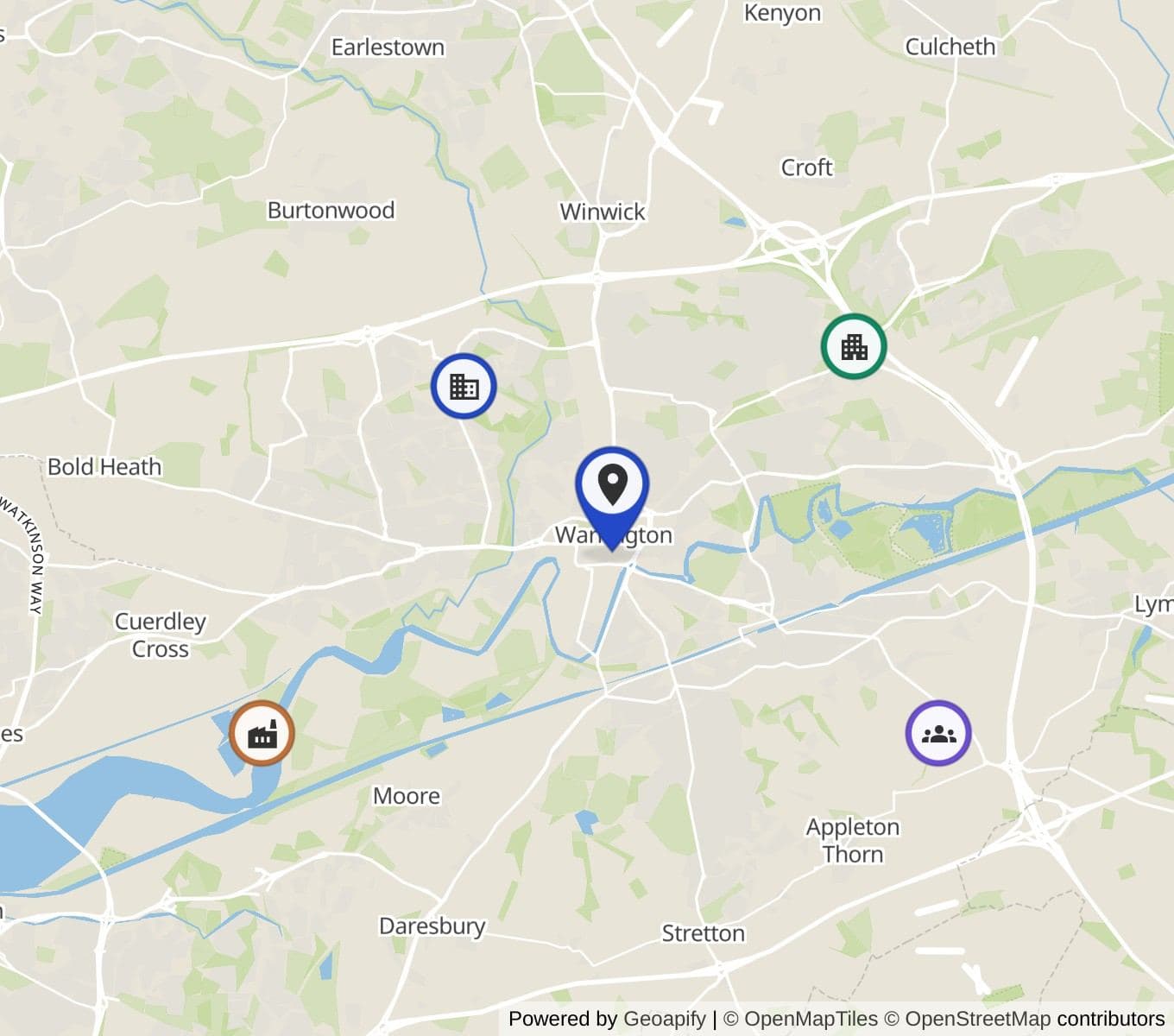 Map of Warrington showing several nearby organisation types
